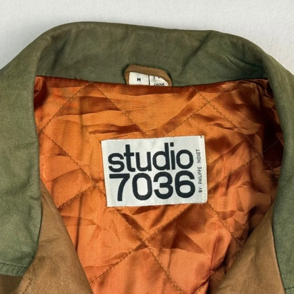 Studio 7036 Philippe Monet Mens Brown Leather‎ Barn Jacket Green Collar Size M